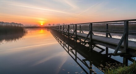 Fototapeta premium Scenic wooden bridge reflecting in tranquil waters at sunrise, idyllic view