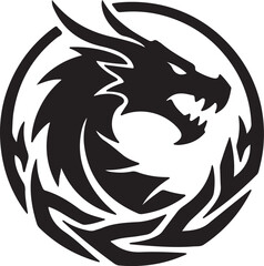 Black dragon head silhouette inside a circular tribal design. Mythical creature emblem, suitable for logo, tattoo, fantasy art, or decorative elements.