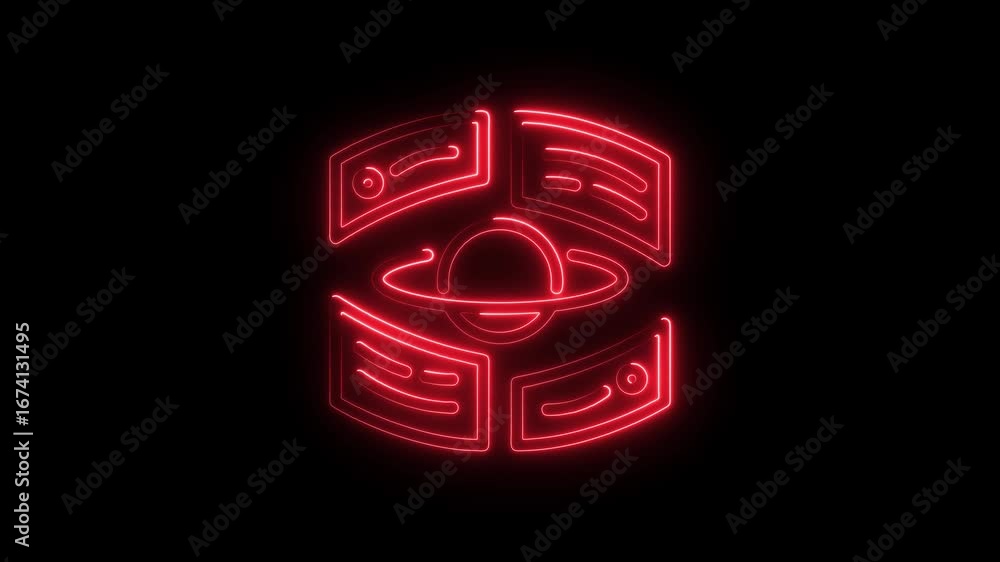 Poster red neon outline of a cube with a central sphere and ring on a black background image photo