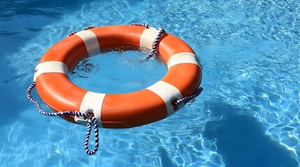 Orange Life Preserver Ring Floating in Blue Pool Water