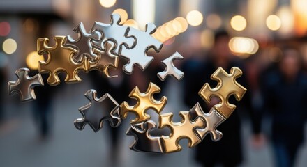 Metallic puzzle pieces floating over a blurred urban backdrop bokeh lights