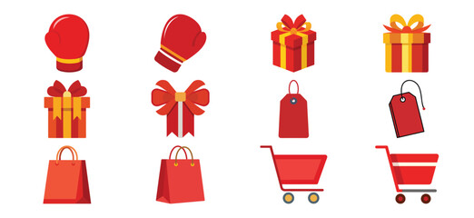 Flat vector icon collection for Boxing Day sale featuring boxing gloves, gift boxes with ribbons, discount tags, shopping bags, and carts in bright festive colors