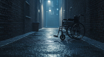 Obraz premium A lonely wheelchair sits in a dark, rain-swept alleyway at night.