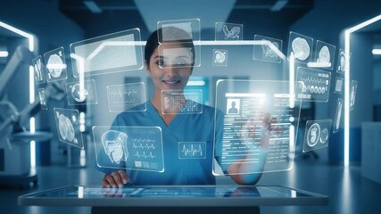 Female doctor working with futuristic medical holographic interface - Powered by Adobe