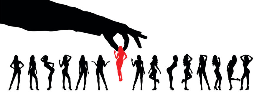 Giant hand picking up choose a woman model from group of sexy model women standing in row silhouettes on white background.
