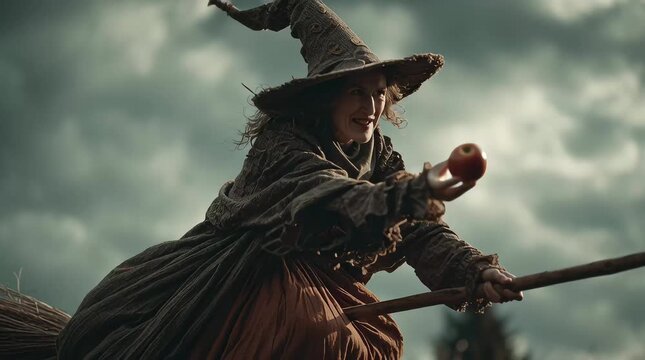 witch flying on a broom stick on Halloween night while eating an apple