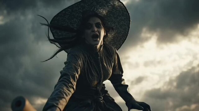witch flying on a broom stick on Halloween night while eating an apple