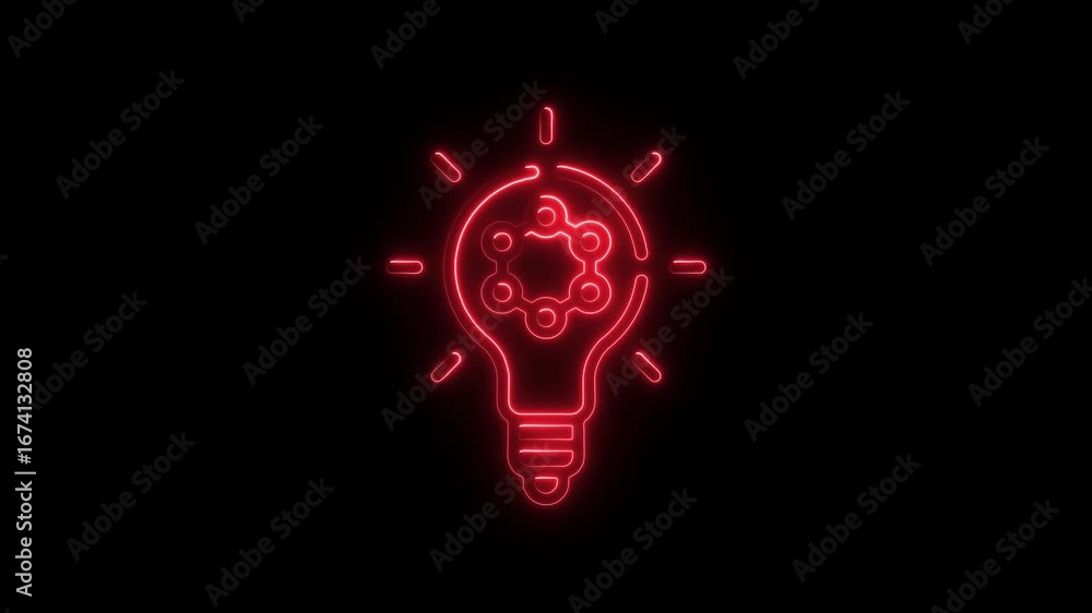 Poster red neon outline icon of a lightbulb with interconnected circles inside image photo