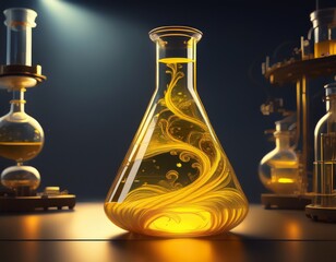 yellow liquid erlenmeyer flask lab science