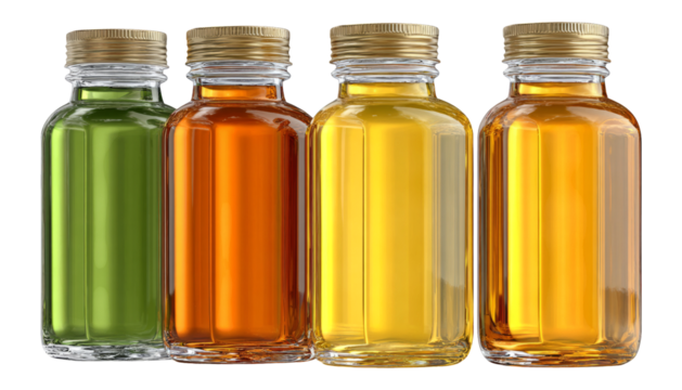 Four Various Glass Bottles with Colorful Liquid on Transparent Background