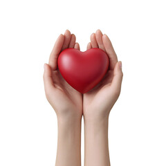 A pair of hands gently holding a red heart, isolated on transparent background