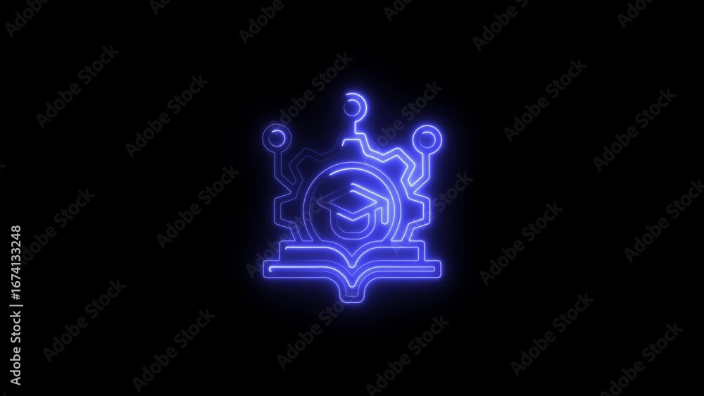 Aufkleber blue neon icon of an open book with a graduation cap and gears on a black background education learn