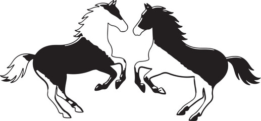 Two black and white horses facing each other silhouette