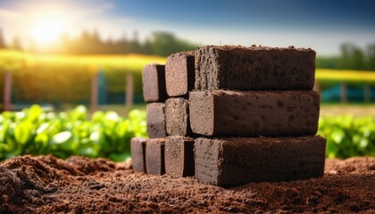 peat briquettes stack with fuel garden and compost