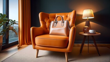 elegant room with a stylish bag a pristine bag elegantly displayed on a luxurious orange armchair captures the essence of refined living with a warm lamp casting a welcoming glow on the scene