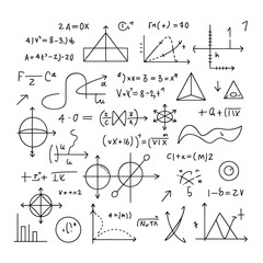 Collection of hand drawn mathematical formulas and geometric shapes on white background