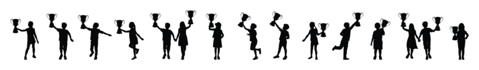 Kids holding trophy cup different poses black silhouettes set on white background. Happy cheerful children holding and raising trophies celebrating winning game competition vector silhouette set.
