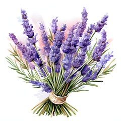 Fototapeta premium The illustration shows a bunch of lavender flowers tied together with a beige ribbon against a white background.