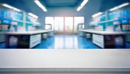 modern laboratory background with empty table blurred lab interior with empty white table for product display