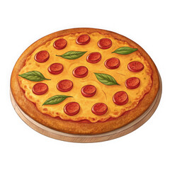 Delicious Homemade Pepperoni Pizza with Fresh Basil on Wooden Board