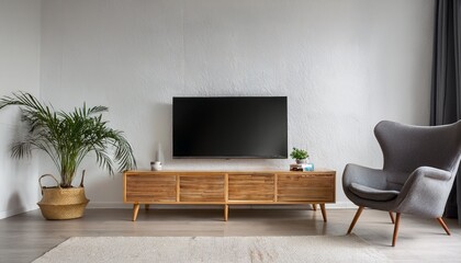 tv cabinet against a white plaster wall in a living room with a minimalist armchair design