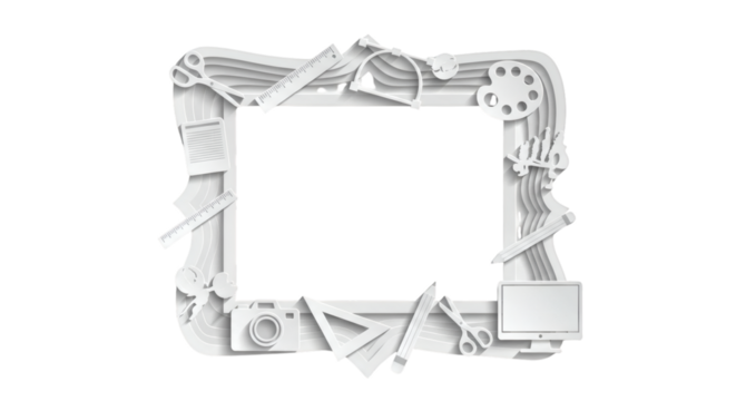 Creative tools and symbols forming a frame on black background