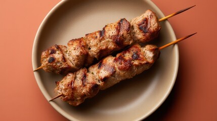 Grilled Meat Skewers Rest on a Beige Plate During Lunchtime
