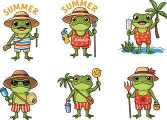 Cute summer frog illustrations, vacation holiday theme, wearing hats, drinking juice, holding coconut, cartoon animals, beach lifestyle collection, isolated vector design set