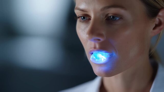 Focused medium shot capturing a photobiomodulation mouthpiece in use illuminating irritated inner cheeks softly blurred surroundings emphasize targeted relief of oral mucositis
