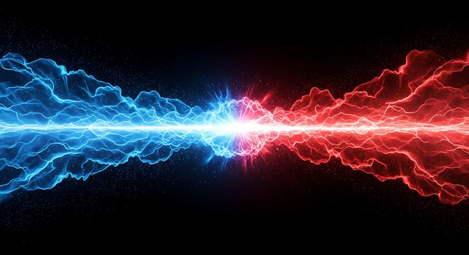 Intense abstract visualization of vibrant blue and red lightning bolts colliding with immense power, generating a dramatic electrical discharge on a dark background - Powered by Adobe