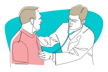 Single continuous line art drawing illustrations of doctor examining a patient with stethoscope in office . Editable stroke . Vector .