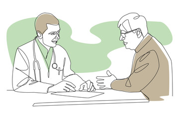 Single continuous line art drawing illustrations of doctor consulting with patient in office . Editable stroke . Vector .