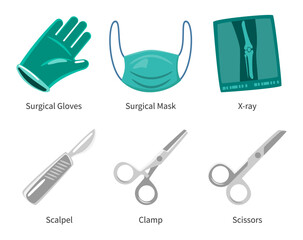 Set of surgical instruments cartoon illustration . Vector .