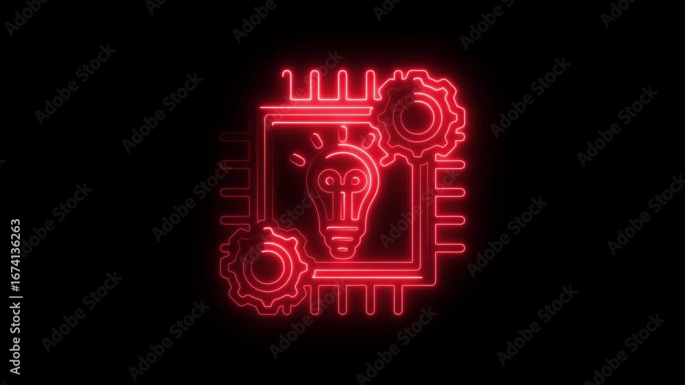 Poster red neon light bulb with gears inside a square frame icon on black background idea innovation
