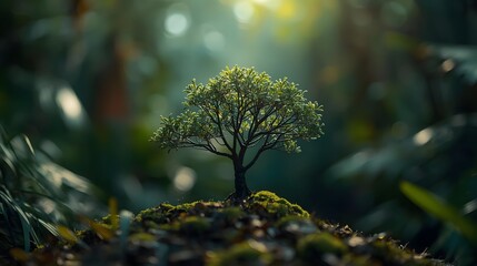 A cinematic macro of a small tree in a lush jungle with dramatic lighting and vibrant filmic tones.