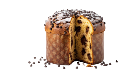 Chocolate chip panettone with powdered sugar on black background