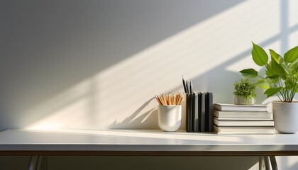 sunlight fills a minimalist white desk with organized stationery books and a hint of greenery radiating tranquility and productivity