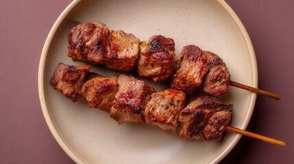 Grilled Skewers Served on Ceramic Plate Present Mouthwatering Delight