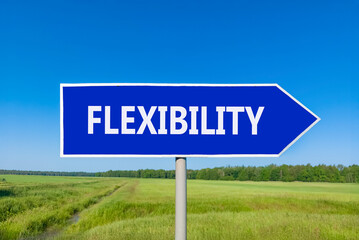 Flexibility symbol. Concept word Flexibility on beautiful blue road sign. Beautiful blue sky green grass and forest peaceful nature background. Business flexibility concept. Copy space.