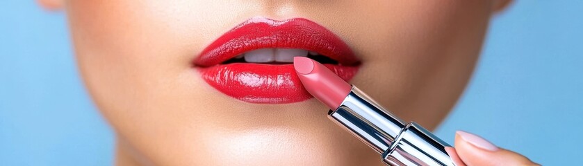 Obraz premium Close-up of lips applying pink lipstick against a light blue background.