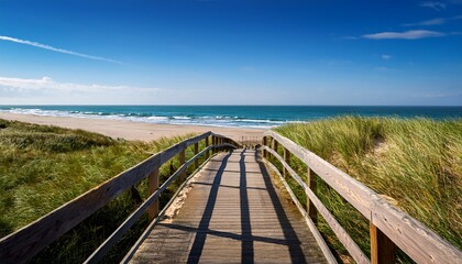 a picturesque wooden walkway leads through grassy dunes to a tranquil beach where waves gently meet the shore under a clear blue sky
