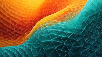 Abstract geometric mesh texture with vibrant orange and teal colors flowing together