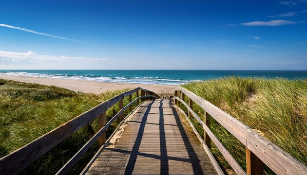 a picturesque wooden walkway leads through grassy dunes to a tranquil beach where waves gently meet the shore under a clear blue sky - Powered by Adobe