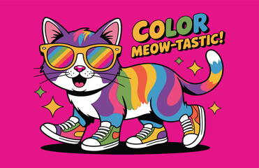 Colorful cartoon rainbow cat, cute feline with sunglasses, sparkly background, vibrant sneakers, fun kids art, whimsical animal illustration, T-shirt design