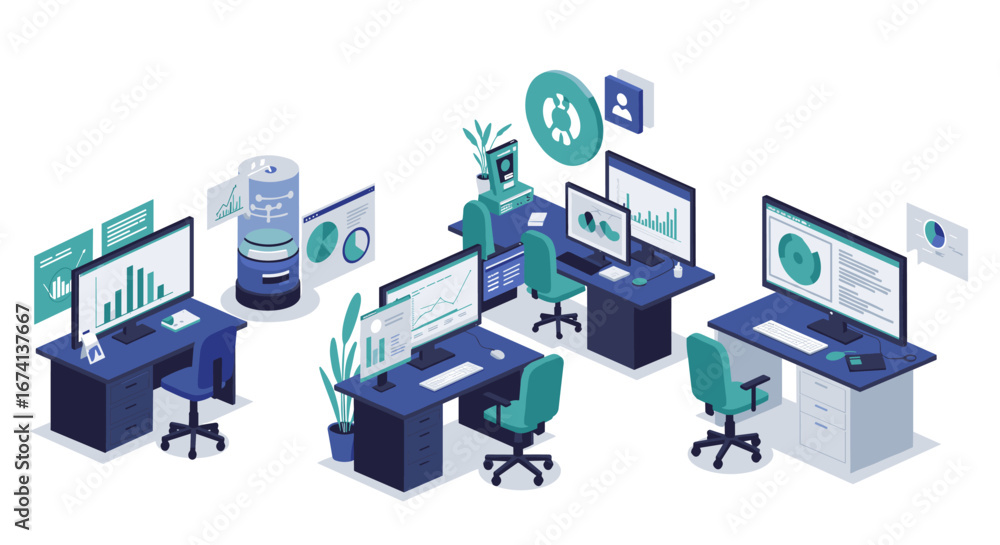 Aufkleber modern isometric office workspace with computer desks and data analytics setup