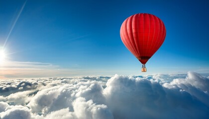 Fototapeta premium a red hot air balloon gently rising through fluffy clouds in a sunlit blue sky symbolizing freedom and adventure