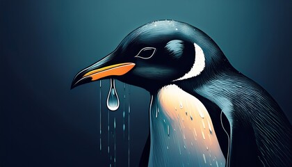 crying penguin silhouette stylized dark avian creature displaying a lone tear representing deep sorrow or concern for nature s plight and global warming effects