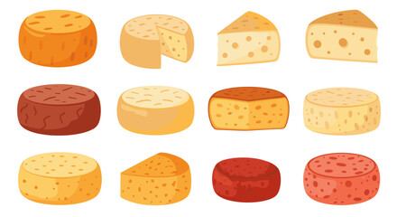 Diverse cheese collection: cartoon icons of various cheeses for culinary designs