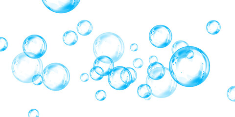 Blue soap bubbles, liquid sphere, foam freshness, underwater floating, vibrant dew, abstract shine, washing concept.