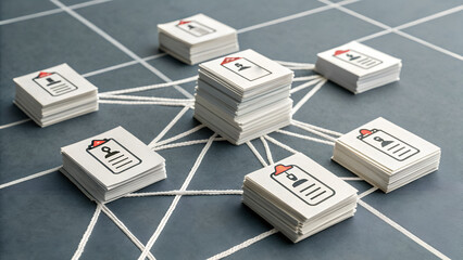 Data Network – Information Flow and Categorization Symbolism, Technology, Conceptual, Systems, Abstract, Card Stack and Icon Scene